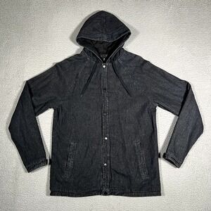 Krew Jacket Mens Medium Black Denim Hooded Lined‎ Casual Preppy Pocket Logo Kr3w
